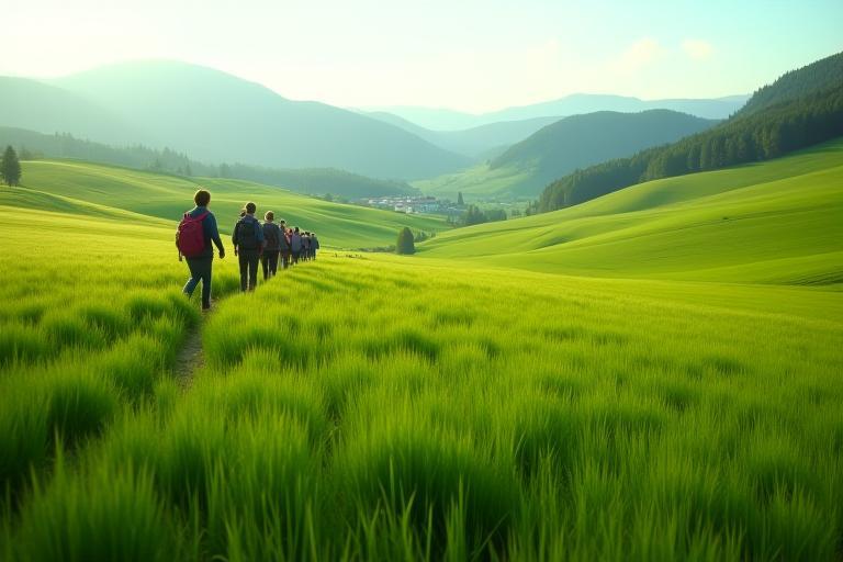 Weites Feld mit Tourgruppe
